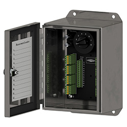 A render of a CTC SB242 stainless steel switch box shown with front lid unlatched.